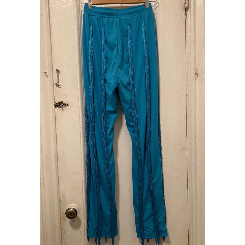 Women's Boho Drawstring Waist Long Fringe Tassel Pants Blue Size S - Picture 7 of 13